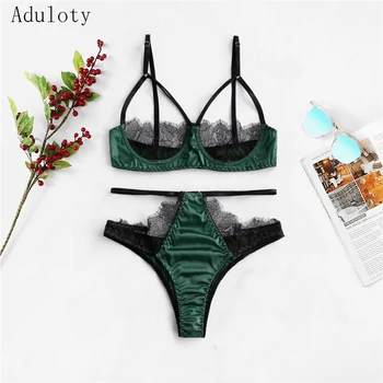 

Aduloty Lightweight Breathable Underwear and Panties Set Lace Transparent Satin Push Up Brassiere Underwear Women's Sexy Pajamas