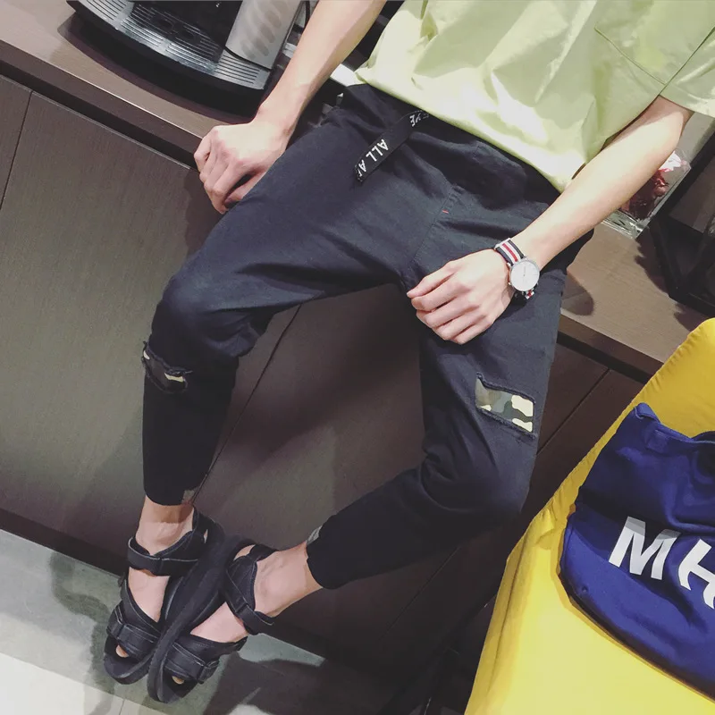 

Fashion 17 Spring Summer Literary Men Casual pants Camouflage Patck Beam Foot male joker feet Ankle Length pants Harem Trousers