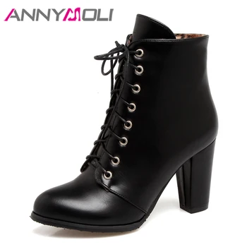 

ANNYMOLI Ankle Boots Women Boots Winter Zipper Super High Heel Short Boots Lace Up Pointed Toe Square Heel Shoes Lady Size 33-43