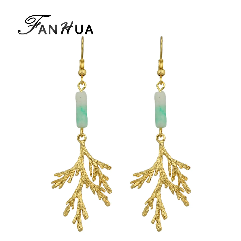 FANHUA New Arrival Brand Earrings Gold-Color Metal with White Green Stone Tree Branches Dangle for Women | Украшения и аксессуары