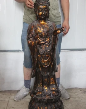 

45" Tibet bronze copper stand lotus Kwan-yin Avalokitesvara Bodhisattva statue