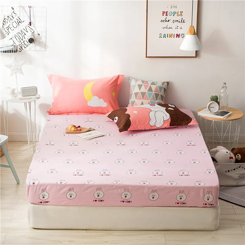 

Fashion Pink+White Rabbit Pattern 3 Pcs 100% Cotton Fitted Sheet Stripe Mattress Cover Four Corners With Elastic Band Pillowcase