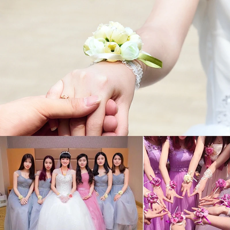 2pcs Elastic Wrist Corsage Bracelet Bridesmaid Hand Flower Wedding
