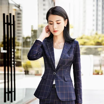 

High Quality Fabric Fashion Grid Business Blazers For Ladies Jackets Coat Long Sleeve Female Tops Outwear Uniform Styles Clothes