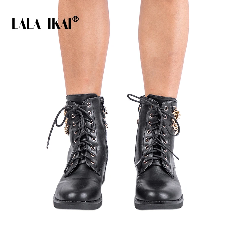LALA IKAI/Зимние ботильоны в винтажном стиле; женские ботинки из искусственной кожи золотистого цвета; ботинки на молнии со шнуровкой на среднем каблуке с круглым носком; 014A2701-45