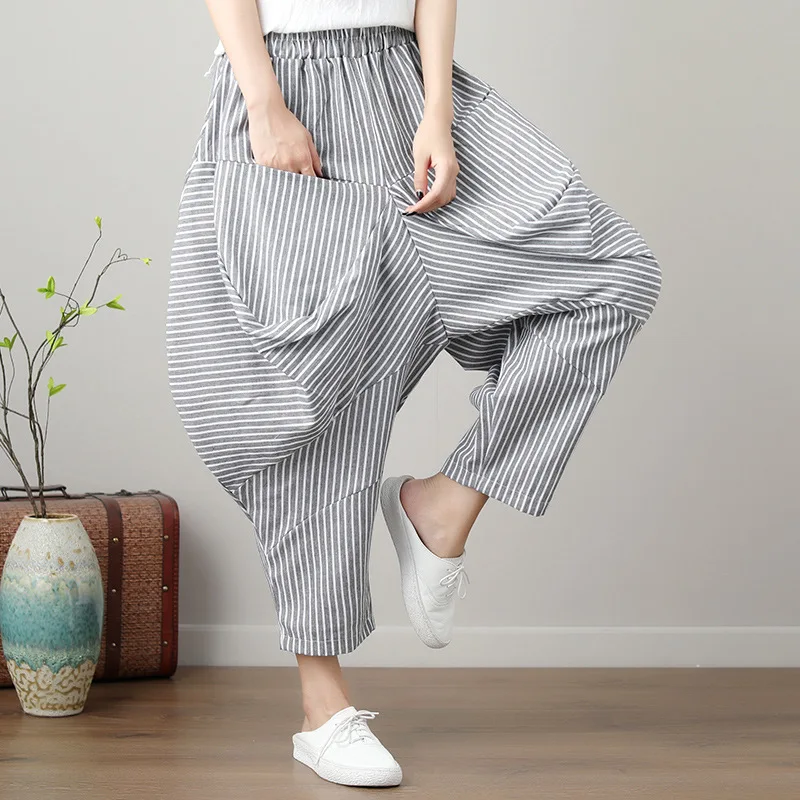 

PANT 6 colors available A large number of stock 2018 new literary striped cotton linen nine pants women fashion harem pants off