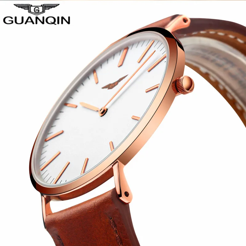 Relógio de Luxo Relógio de Quartzo Simples à Prova Pulseira de Couro Relógio de Pulso Guanqin Moda Masculina Marca Ultra Fino Dwaterproof Água Relógio Masculino