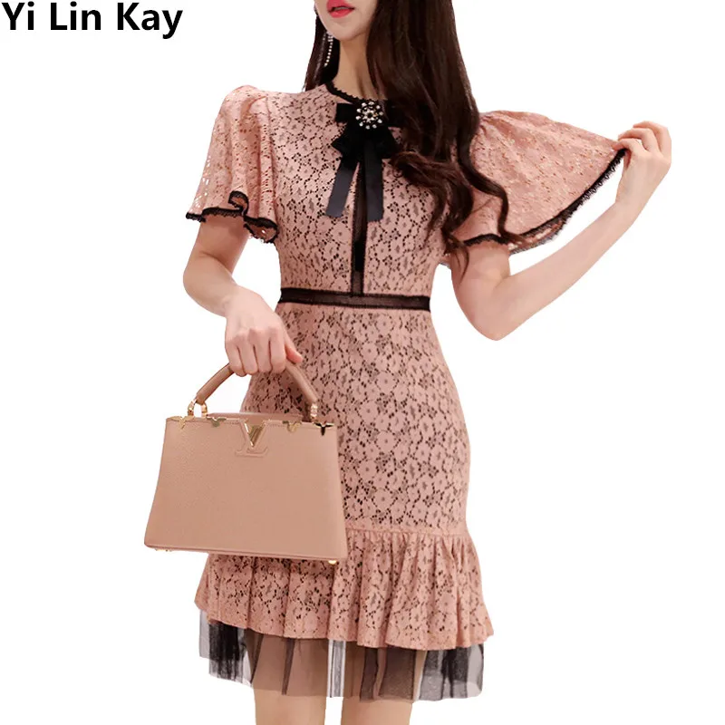 

Yi Lin Kay 2019 summer woman High-quality Fashion runway dress lace Stitching net yarn Slim with hips party dress