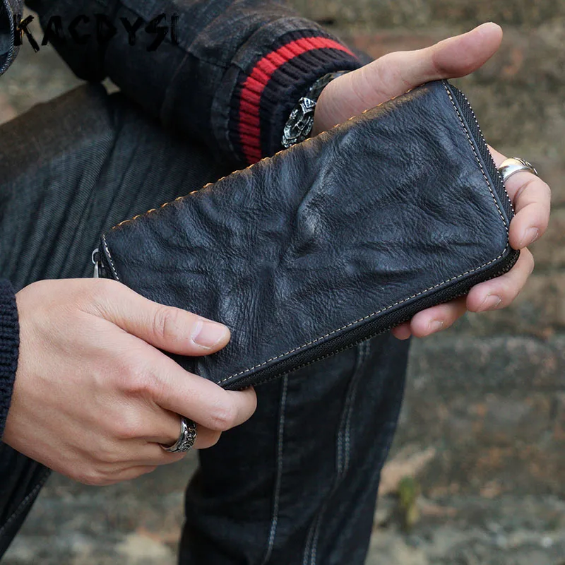 

Head Layer of Leather Men Male Wallet Zipper Retro Handmade Day Clutches Fashion Man Purse Carteira Latest Unique Wallet Leather