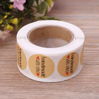 

500pcs 1 Inch Roll Handmade With Love Kraft Paper Adhesive Label Seal Stickers Packing Tags Gift Baking Scrapbook Wedding Party