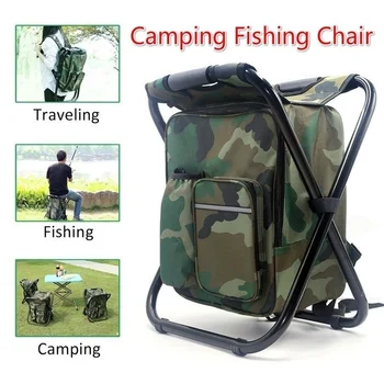 

2 In 1 Outdoor Camping Folding Backpack Stool Fishing Chair Portable Hiking Seat with Cooler Insulated Double Oxford Cloth