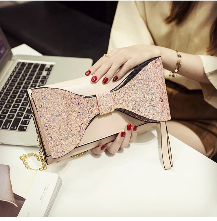 Fashion Bow Women clutch Sparkling luxury lady evening bags chain messenger bag for female Shoulder bag Women's Clutches  (23)