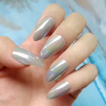 

Holographic Grey Fake Nails Short Size Chameleon Mirror Stiletto Nails Full Cover False Nails Manicure Tools 24pcs Z144