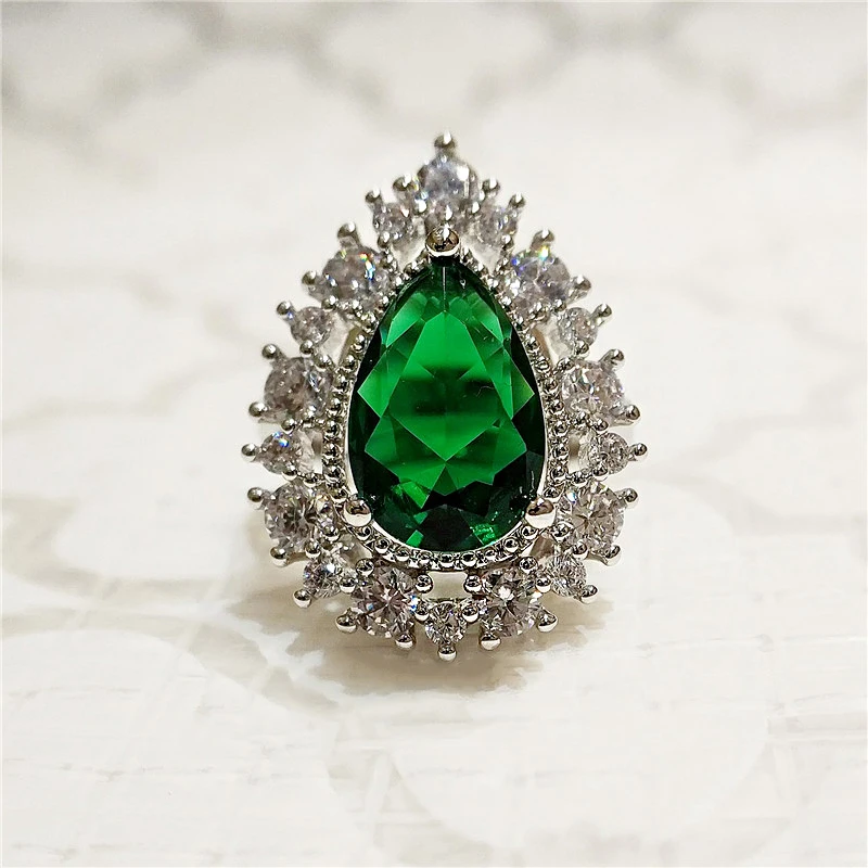 Fashion Austrian Green Crystal Rings Sparkling Water Drop Ring Female Silver Color Ring Elegant Jewelry For Woman Girl Gift 194 ( (1)
