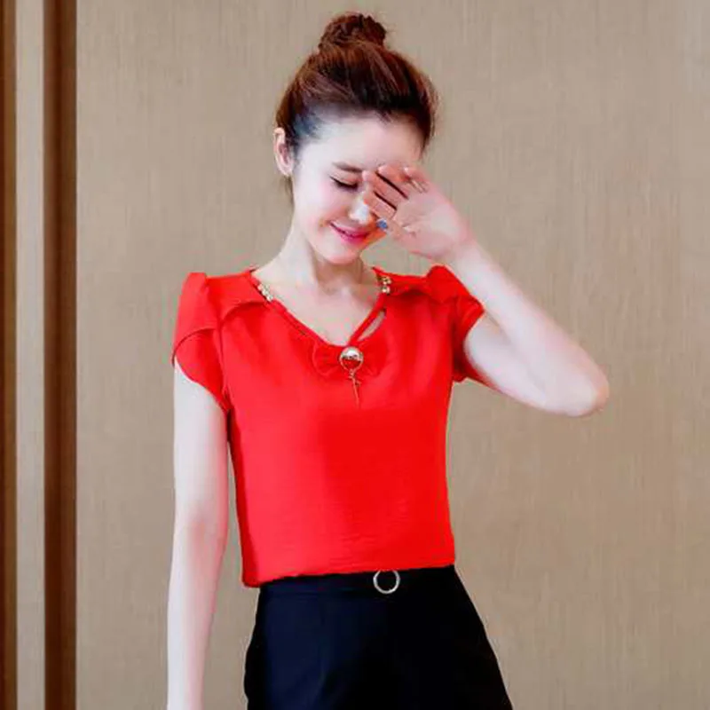 Blusa de gasa para mujer, blusa de verano de manga corta, blusas para mujer, blusas de talla grande, camiseta para mujer DF2584