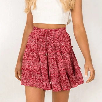 

YANMUXI Red 2019 New Summer High Waist Ruffled Floral Skirt Printed Beach A Word Plus Size Womans Skirt Dropship