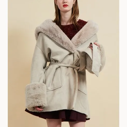 2018 Winter Women Wool Blends Coat Casual Ladies Pocket Belt Big Fur Collar Coat Fashion Solid Blends Coat Streetwear