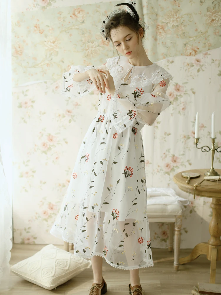 

Clearance LYNETTE'S CHINOISERIE Spring Autumn Women Cute Organza Slim Flower Embroidery Dresses