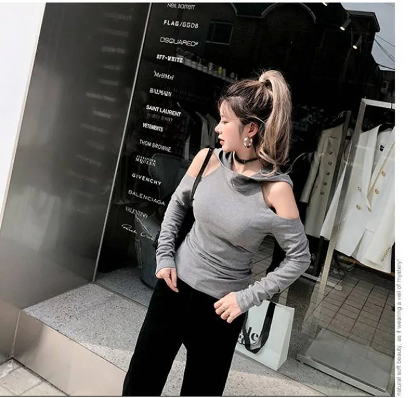 Весенний пуловер Expose плеча для женщин Толстовка толстовки с длинным рукавом черный, белый цвет серый цвет Топы корректирующие - Цвет: Серый