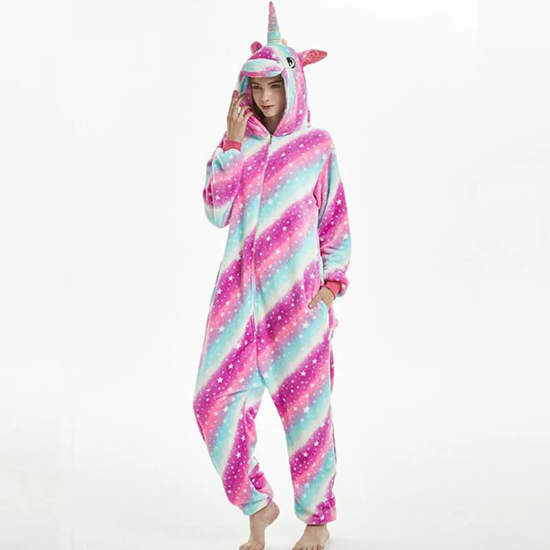 

Kigurumi Women unicornio Pajama Animal Cartoon panda Stitch Sleepwear Winter Flannel Onesie Adult Zipper Hooded Nightie Jumpsuit