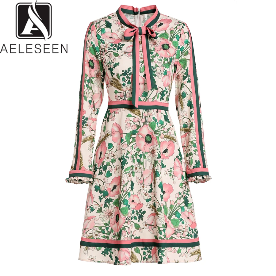 

AELESEEN High Quality Print Dress Women 2019 Summer New Fashion Full Sleeve Floral Ruffles Bow Knee-Length Runway Vintage Dress