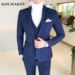 (Куртка + жилет + брюки) KOLMAKOV Мужские костюмы Slim Fit деловой костюм для мужчин Роскошные свадебные костюмы жениха торжественное платье