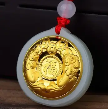 

Gold inlaid jade peace buckle pendant female models Lucky transport double sister Hetian jadeH83#