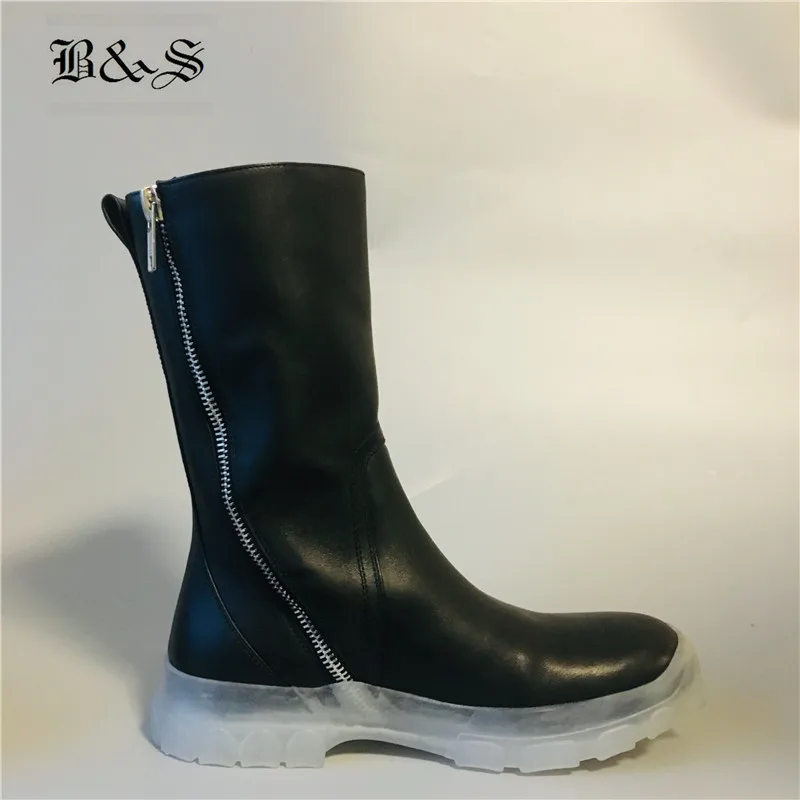 Мужские кожаные ботинки в стиле панк Black & Street черные с прозрачной подошвой модные