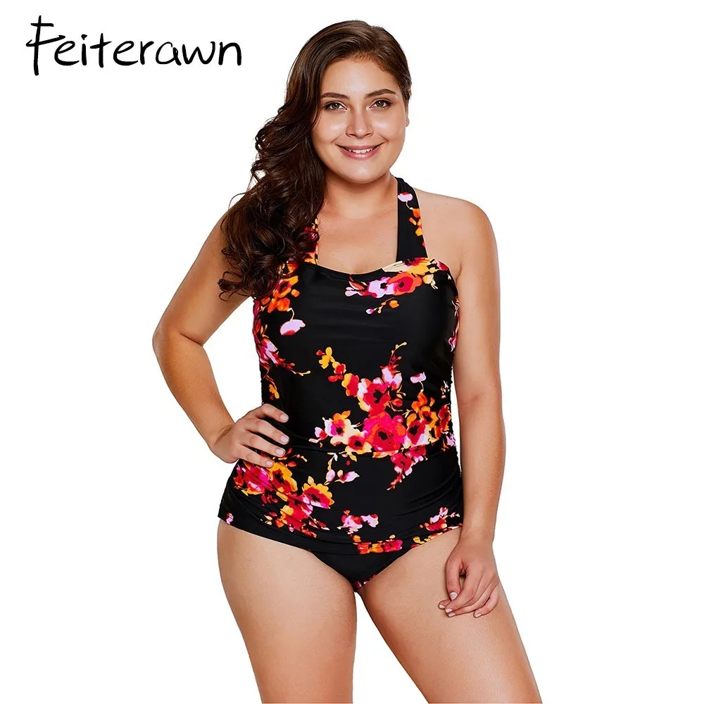 

Feiterawn 2018 swimwear women Black Floral Print Halter One-piece Bathing Suit swimsuit fused large size swimwear for women
