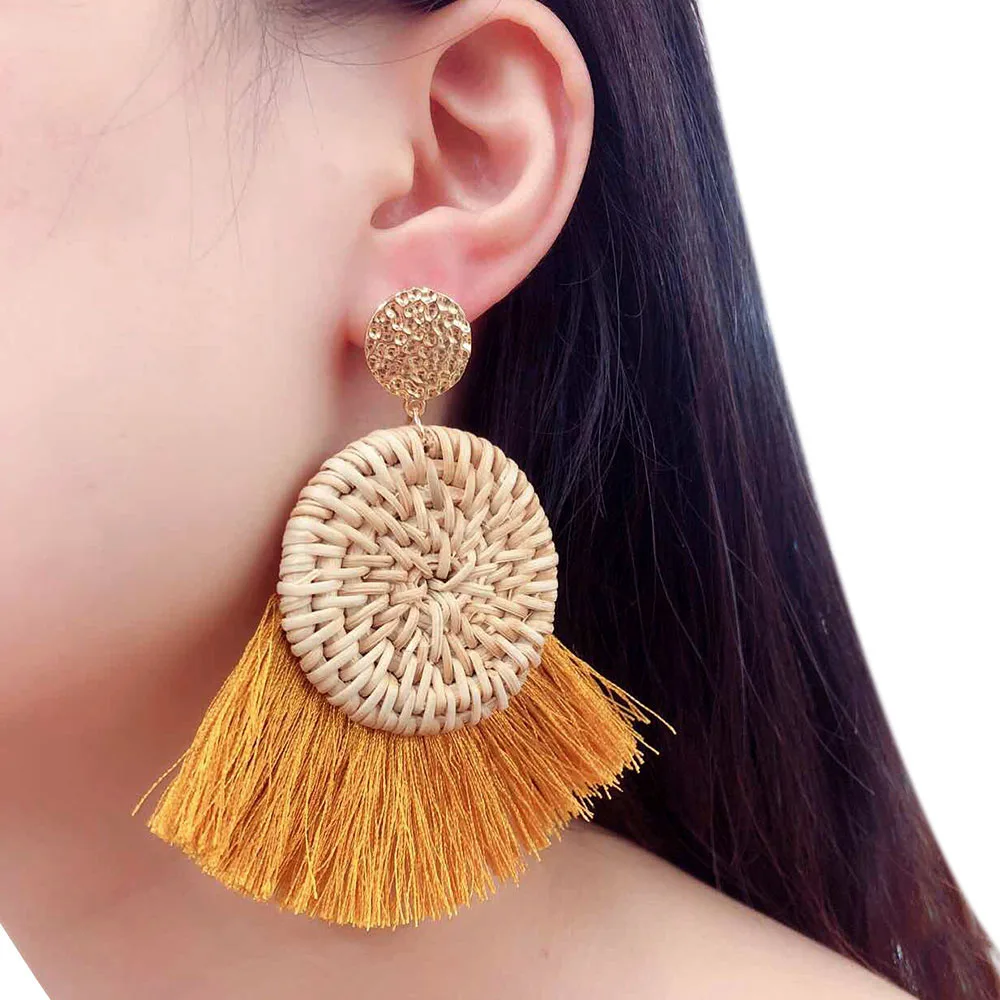 Женские Ротанговые серьги подвески JUST FEEL круглые из ротанга с большой бахромой