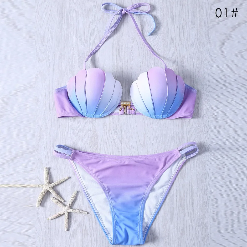 

2019 Sexy Bikini Women Swimsuit Purple Shell Bra Underwire Push Up Swimwear Cross Bandage Halter Bikini Set Beach Bathing Suit