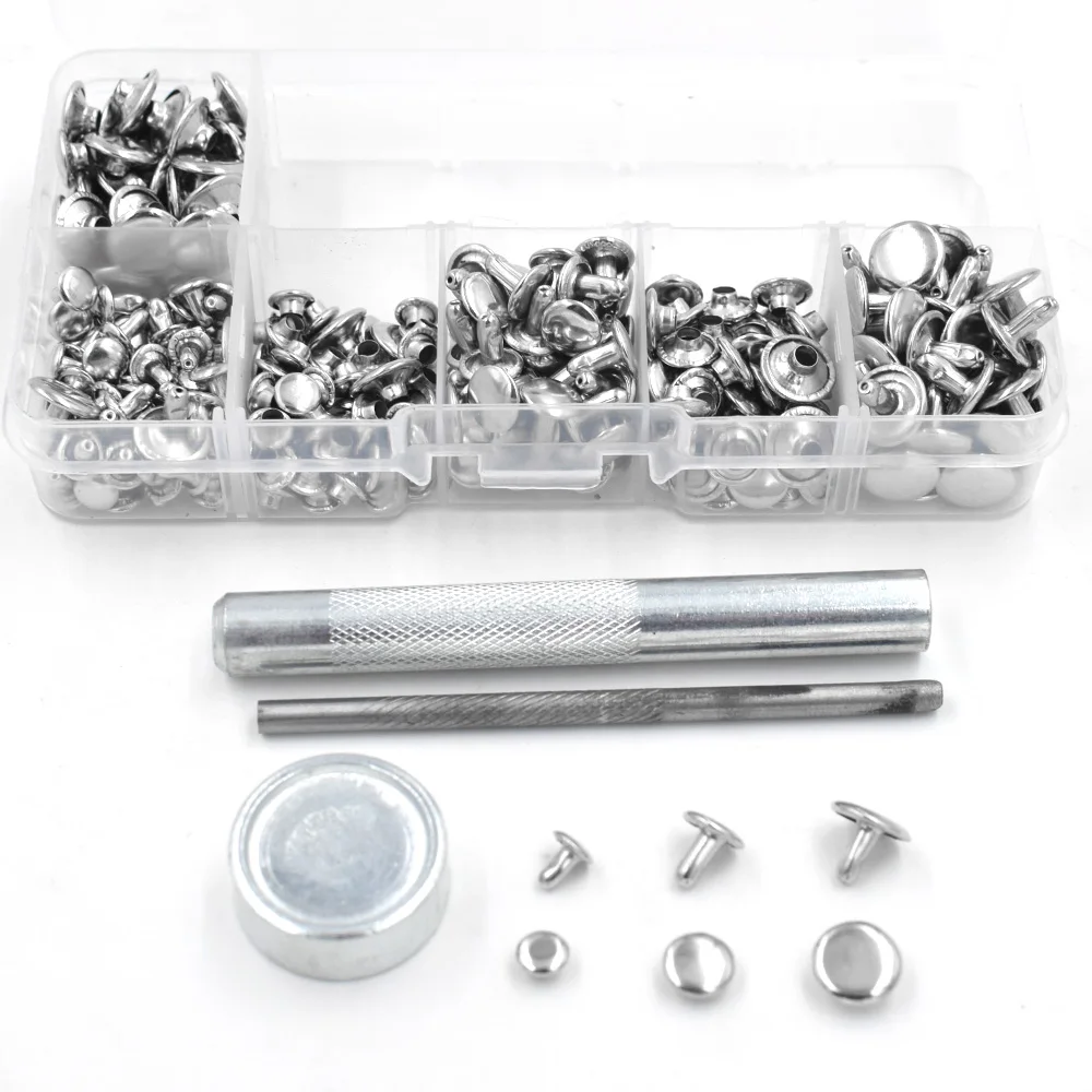 150 sets of rivets and tool kits. Silver double sided rivets. Metal