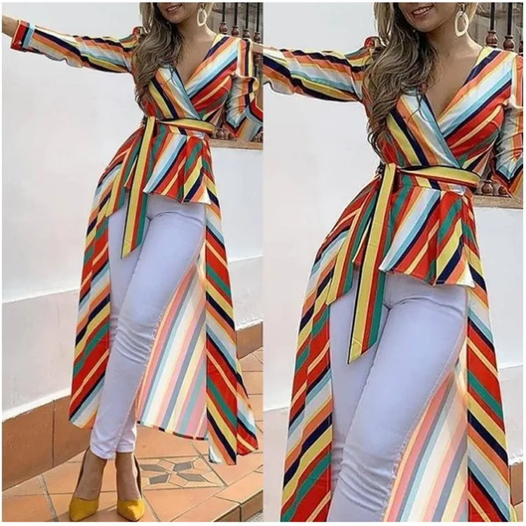 

2019 Summer Women Elegant Colorful Striped Ruffles Blouse Three Quarter Asymmetrical Casual Shirt Vacation Long Top