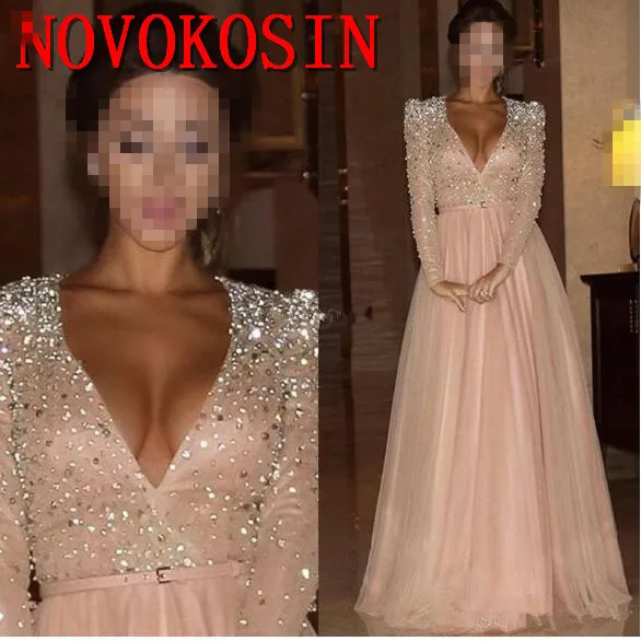 

2019 New Formal Evening Dresses Long Sleeves Deep V Neck Crystal Blush Pink Arabic Red Carpet Prom Party Pageant Gowns Vestidos