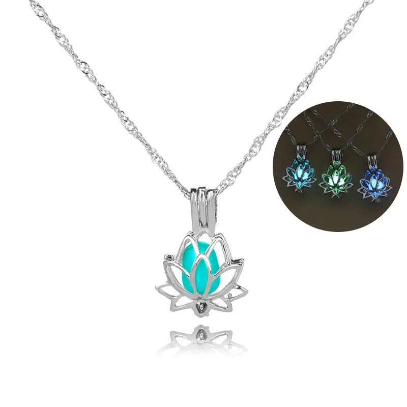 Glow In The Dark Necklace With Silver Plated Lotus Shaped Luminous