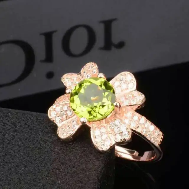 

Natural green peridot gem Ring Natural olivine stone Ring S925 sterling silver trendy big Flowers women girl party gift Jewelry