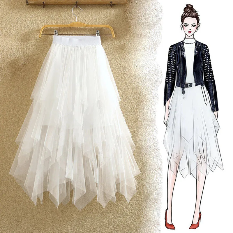 

BUYSD 2019 spring and summer new long skirt Korean version of the skirt high waist chic fluffy pleated mesh skirt women
