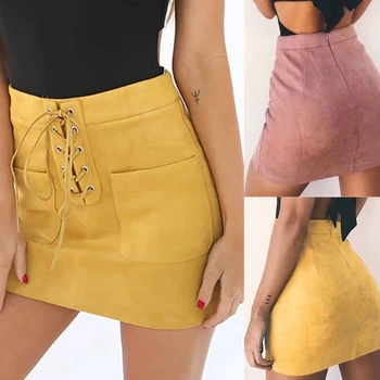 

Fashion Women Girl High Waist A-line Button Front Suede Leather Short Mini Skirt