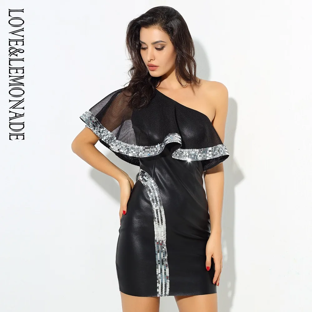 

Love&Lemonade Black Shoulder Ruffle Sequines Faux Leather Mini Dress LM0719