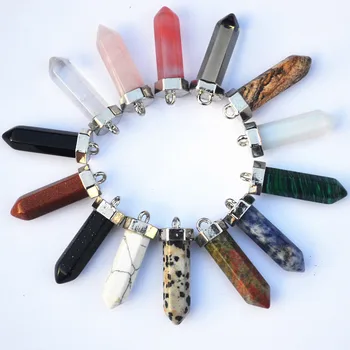 

Assorted Metal Head Fashion Natural Stone Pendants Point Pillar Pendulum Charms Teardrop Necklace Wholesale 32x10mm 24PCS