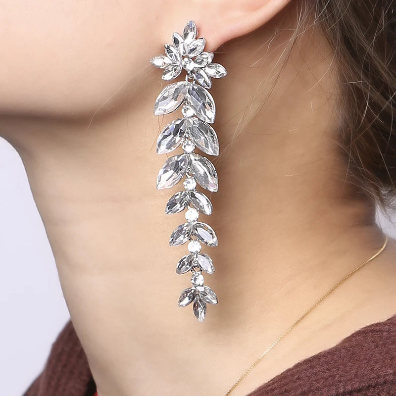 

THRWELL Luxury Earrings Long Leaves Crystal Rhinestones Hanging Earrings For Women Wedding Bride Engagement Jewelry Accessories