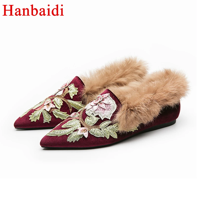 

Hanbaidi Fashion Fur Women Flats Shoes Sexy Embroidery Slip On Women Outdoor Shoes Runway Style Women lazy loafers Slip On Shoes