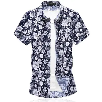 

M-7XL Floral Mens Shirts Flower Men's Clothing Slim fit Hawaiian Style Shirt Men Blouse Navy Summer