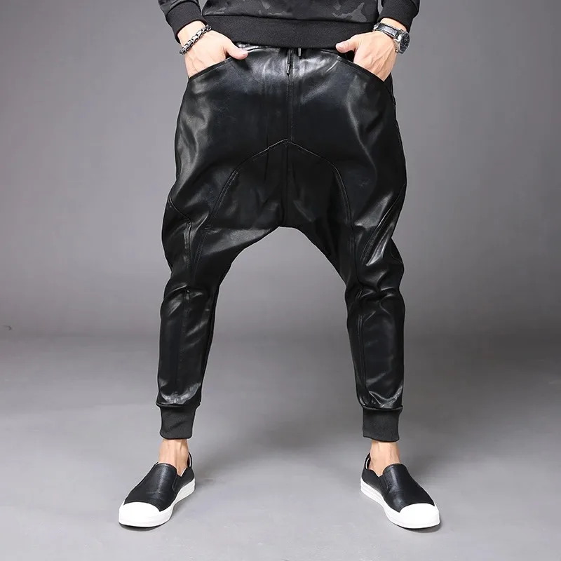 

New Fashion Mens Punk Moto PU Faux Leather Casual Harem Drop Crotch Pants Jeans Street Dance DJ Rock Slacks Trouser M-2XL
