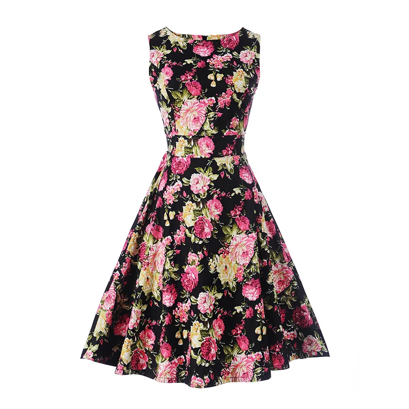Kostlish Print Summer Dress Women 2017 Sleeveless Big Swing Belt Tunic Vintage Dress Elegant Rockabilly Party Dresses Sundress (7)