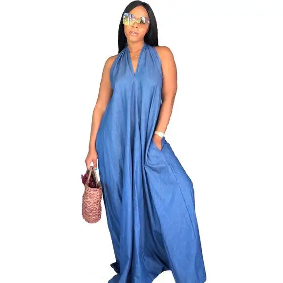 

Halter Maxi Dress Vestidos Verano PLUS SIZE Dress Women Long Jeans Dress Loose Summer Backless Sleeveless DW254