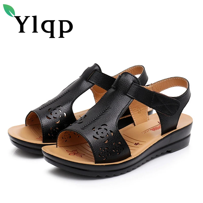 

Ylqp Genuine leather flat bottomed women's shoes female middle aged soft soled sandals non-slip sandalia feminina summer shoes