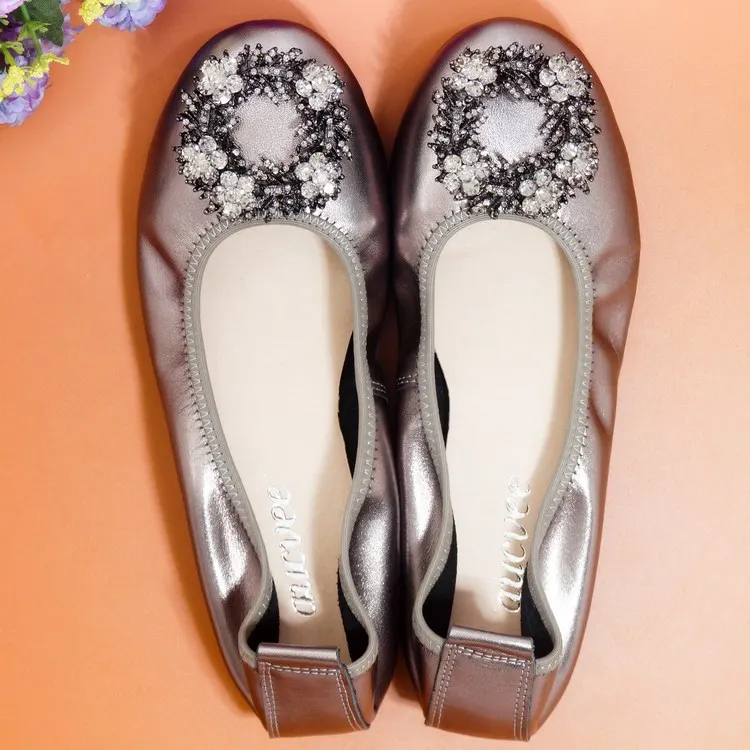 Plus Size 34-43 Ladies Flat Shoes Fashion Bling Rhinestone Women Flats Casual Genuine Leather Ballet Flats Fold Up Gold Shoes (18)