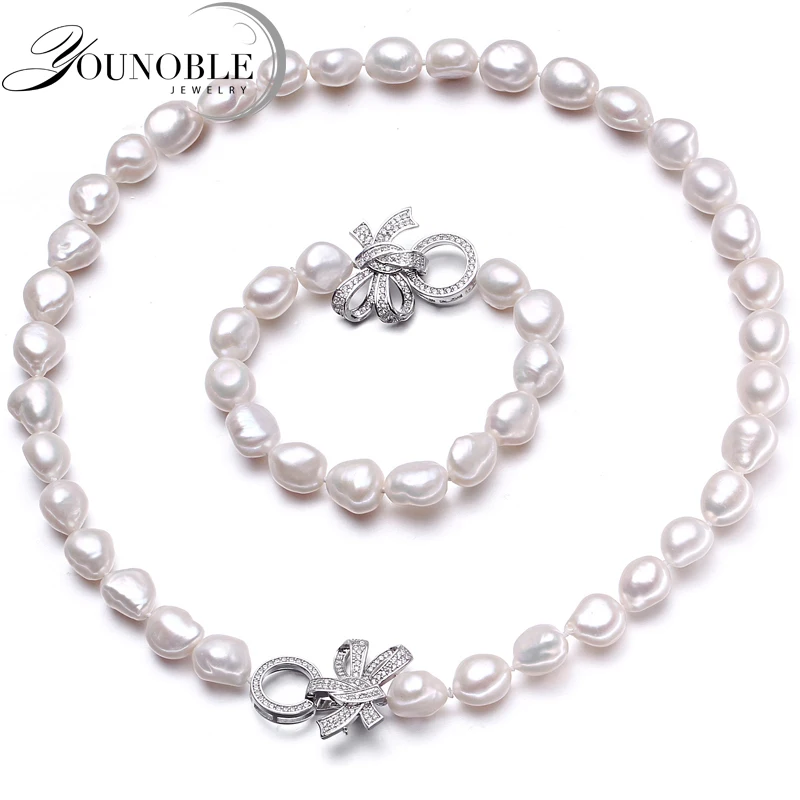 YouNoble Baroque 925 Silver 100% White Natural Freshwater Pearl Jewelry Sets Real Pearl Necklace Bracelet Jewelry Sets for Women real 925 sterling silver necklace natural pearl jewelry sets for women bohemian stud earrings sapphire pendant