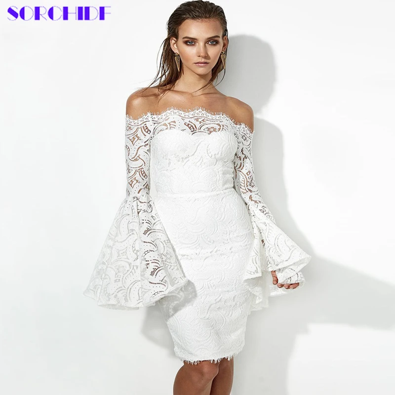 

SORCHIDF Elegant Floral Women Party Dress Slash Neck Lace Scalloped Off Shoulder Midi Dress Women Fall Bandage Bodycon Vestidos